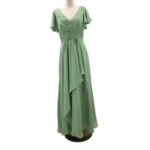 BRIDESMAID SZ 12 L Green Flutter Sleeve Lace Up Draped Maxi Dress NEW B122